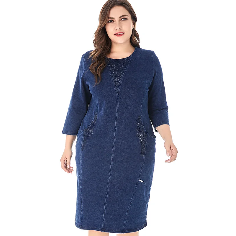 5XL 6XL осенне-зимнее свободное Повседневное платье длиной до колена размера плюс, женская одежда, однотонные платья больших размеров синего и темно-синего цвета Vestidos