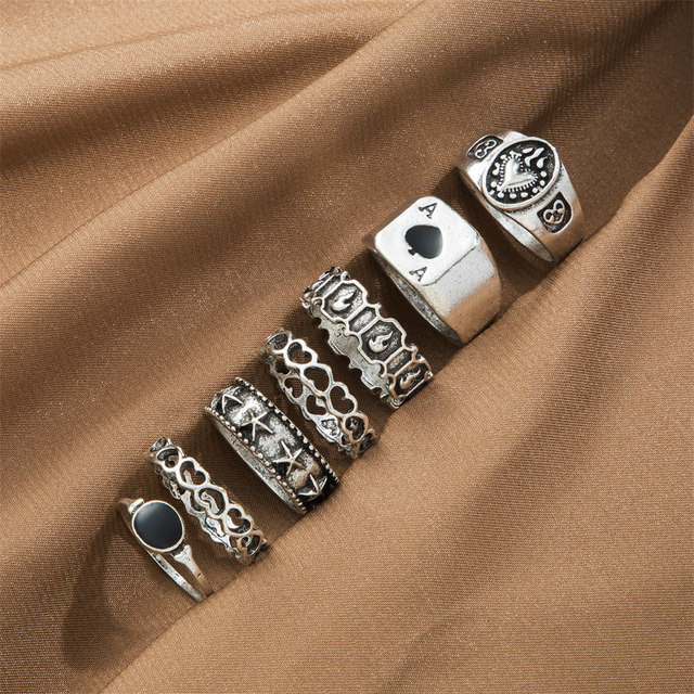 Vintage Silver Heart Chain Butterfly Hot Sale Rings Set for Women Men Punk Poker Flower Finger Rings 2021 Trend Jewelry