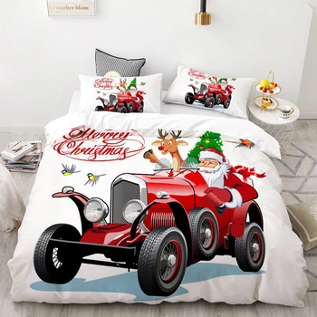 

JUSTCHIC Christmas Duvet Cover Set Red Retro Style Car Xmas Tree Santa Claus Decorative 3 Piece Bedding Set with Pillowcase