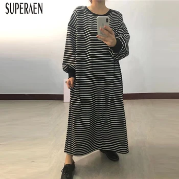 

SuperAen Korean Style Women Long Dress Spring and Autumn New 2020 Striped Ladies Dress Long Sleeve Cotton Women Clothing