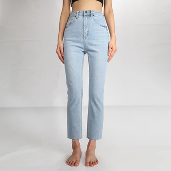 

CREK Momjeans Spring and Summer Washed Light Blue Tassel Soft Material Comfortable High Waist Small Straight Jeans Women