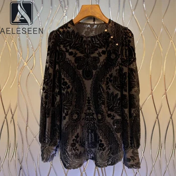 

AELESEEN Runway Fashion Women Blouse High Quality Autumn Beige Black Bloue Velvet Jacquard Flower Party Holiday Blouse