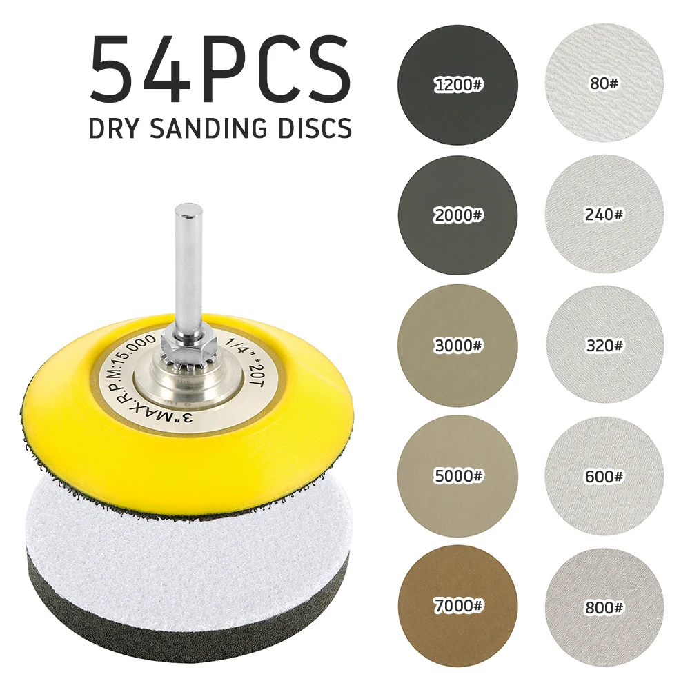 

54pcs Sanding Discs Dry and Wet/Dry Sandpaper Assortment Kit Aluminum Oxide Grits 80-7000 for Hook and Loop Grinding Disc