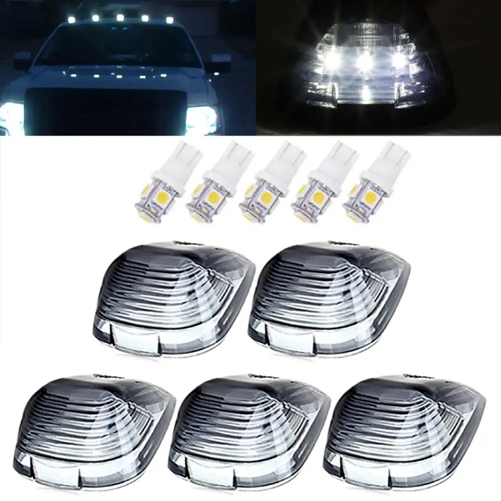 Cab Marker Lights Ahead/Rear Holes Roof Running Top Lights 12 Cool-White LED Bulbs Smoke Cover w/Base for 1999-2016 Ford F/E Series 5pcs 