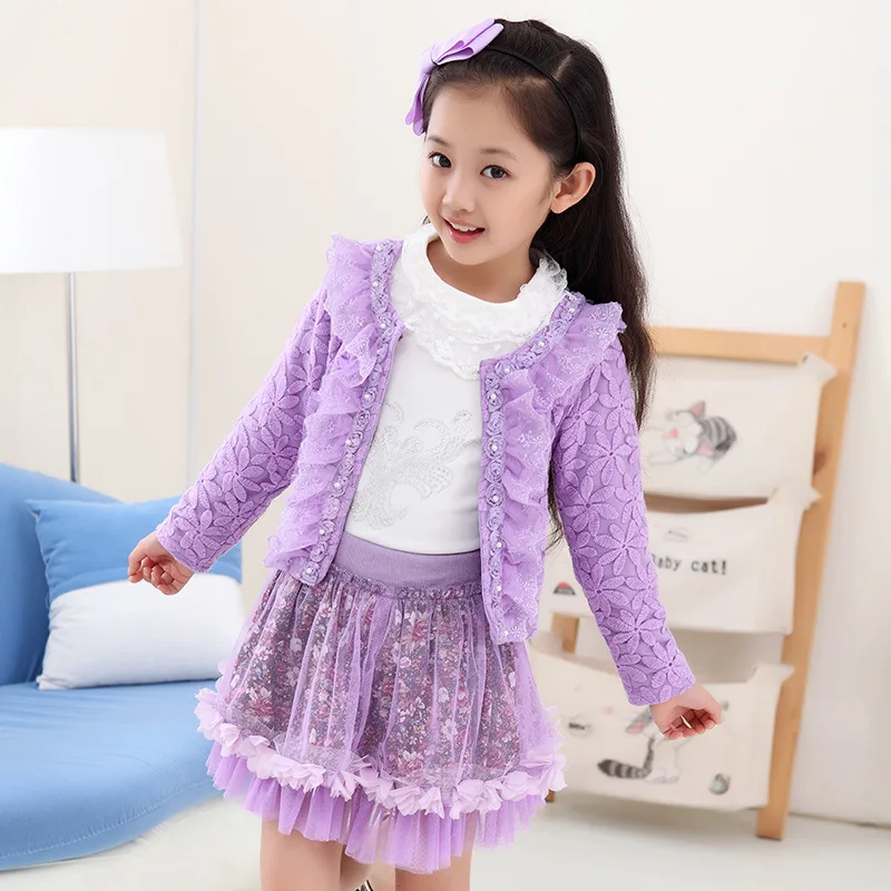 Осенний детский комплект одежды принцессы с цветочным принтом для девочек из 3 предметов, короткая мини-куртка, блузка, рубашка Кружевная юбка-пачка для девочек 2, 4, 7 лет