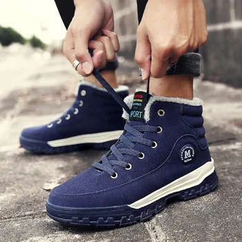 

2019 New Flat heel men boots Plus cashmere Shoes male Round head Solid Color Lace up fashion Men's winter boots Size 39-45