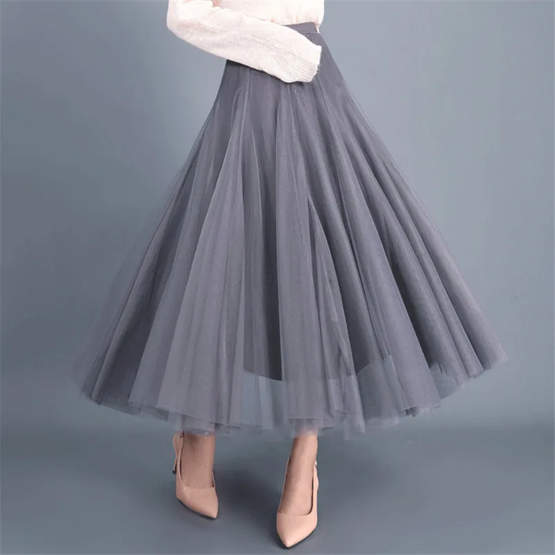 Женские кружевные сетчатые длинные юбки для дам с высокой талией, многослойные плиссированные юбки макси для свадьбы, выпускного вечера - Цвет: Серый