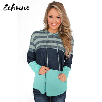 

Echoine Green/Pink/White Speak to Me Color Block Drawstring Hoodie Sweatshirts Women Striped Long Sleeve Shirt Loose Tops S-XXL