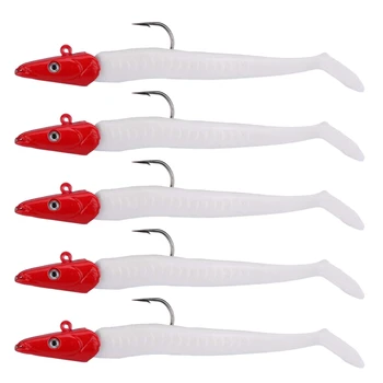 

NEW-Lead Head Jigs Soft Fishing Lures with Hook Sinking Swim baits for Saltwater and Freshwater (Pack of 5) Red + White
