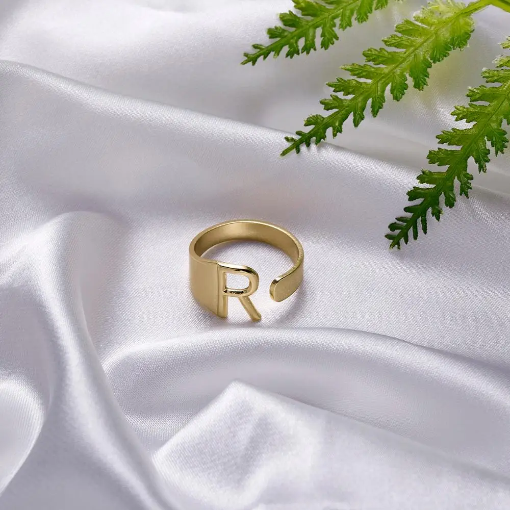 Chunky Wide Hollow A-Z Letter Metal Adjustable Opening Ring 3Colors Female
