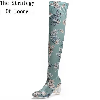 

Spring Autumn Winter China Style Women Plus Size Stretched Fabric Embroider Long Boots Lady Square Toe Over-the-Knee Boots 1911