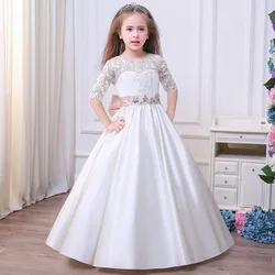 Cute Flower Girl Dresses For Weddings Ball Gown Half Sleeves Appliques Beaded Long First Communion Dresses Little Girl