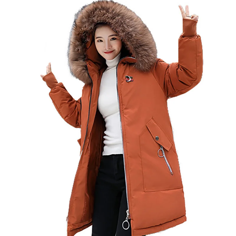 

M-3XL Thickened Winter Coat Down Women's Large Fur Collar Winter Coat Korean Version of The Thin Warm Cotton Long Section Cotton