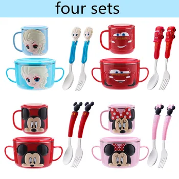 

Disney Cartoon Mickey Minnie Lunch Box Stainless Steel Baby Bowl Sets Child 3D Spoon Fork Sets Pupil Feeding Tableware Plate
