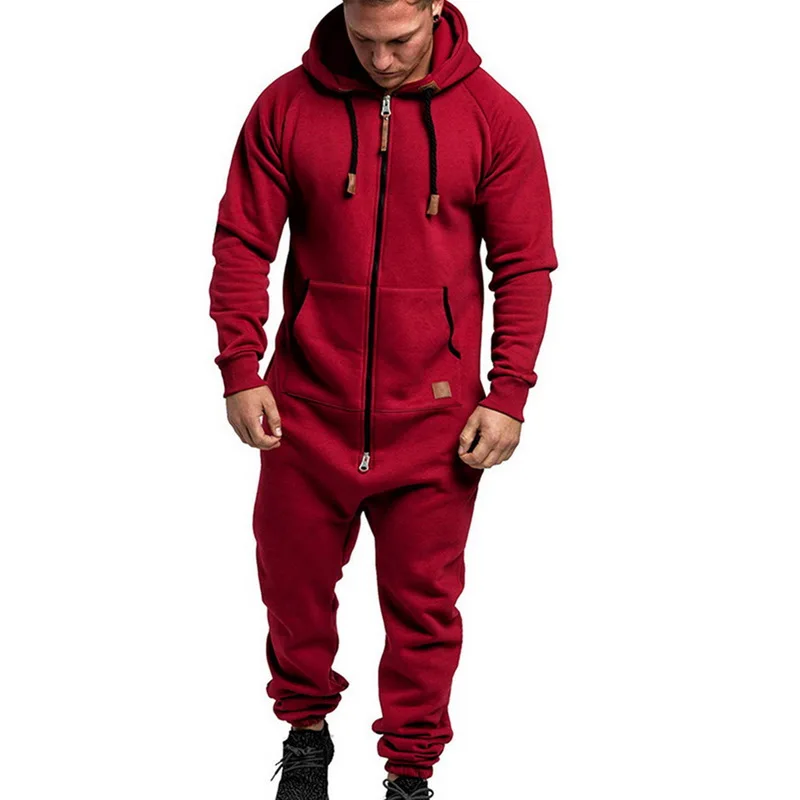 

Hoodies Overalls Men Pure Color Splicing Jumpsuit Long Sleeve Male Clothes Men's Jumpsuits One-piece Garment Pajama Streetwear