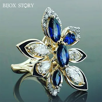 

BIJOX STORY Trendy 925 Sterling Silver Ring with Flower Shape Sapphire Jewelry Fashion Ring for Women Wedding Anniversary Party