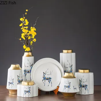 

SIMPLE CERAMIC VASES GEOMETRIC DECOR PAINTED DEER PORCELAIN VASE DESKTOP DECOR FLOWER ARRANGEMENT MODERN FLORAL HOME DECORATION