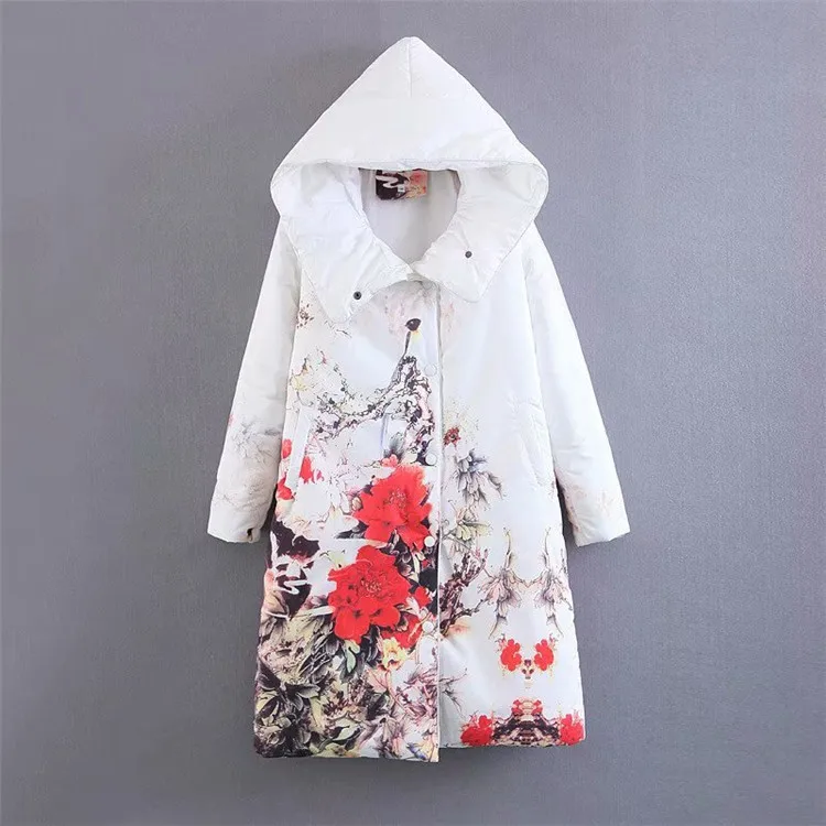 

2018 Europe And America Winter New Style WOMEN'S Dress Versitile Fashion Printed Hooded Mid-length Cotton Coat Loose Warm Coat