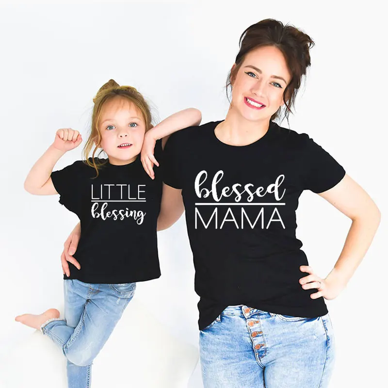 

Blessed Mama Little Blessing Mommy and Me T Shirts Summer Short Sleeve Letters Print Family Matching Clothes Mother Daughter Tee