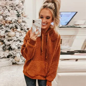 

Fall and Winter Tie-up Hat Pocket Women's Clothes Long Sleeve Solid Color Hooded Fluff Pullovers White caramel gold