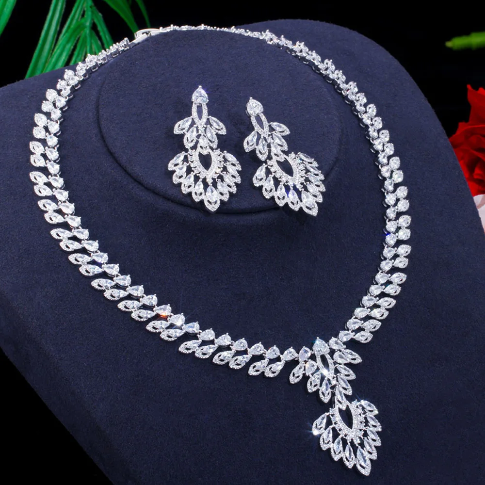 ThreeGraces Великолепный Белый CZ Marquise Cut большая висячая люстра Висячие серьги и ожерелье свадебный комплект ювелирных изделий для невесты JS635