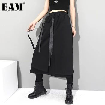 

[EAM] High Elastic Waist Black Ribbon Split Joint Temperament Half-body Skirt Women Fashion Tide New Spring Autumn 2020 1Z300