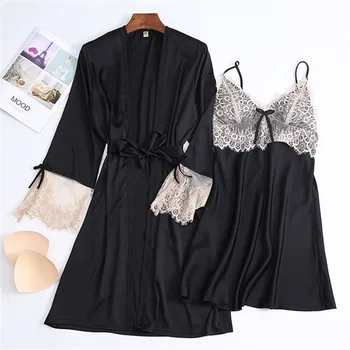 

Summer Sexy Lingerie Summer Sexy Women's Ladies White Bride Robes Kimono Robe Satin Silk Lace Night Wear Gown Sleepwear Pajamas