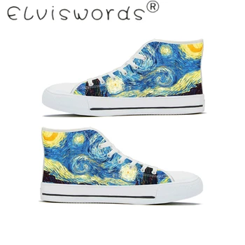 

ELVISWORDS Woman Shoes Woman Vulcanized Shoes Van Gogh oil painting starry sky Off White High-Top Canvas Lace-Up Sneakers