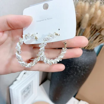 

MENGJIQIAO New Elegant Fashion Crystal Beads C Shaped Hoop Earrings For Women Statement Jewelry Circle Boucle d'oreille Gifts
