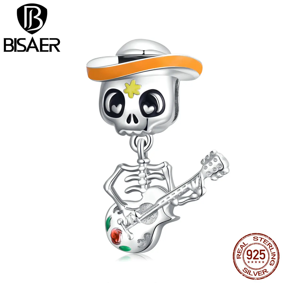 

BISAER Skull Man with Guitar Charms 925 Sterling Silver Happy Halloween Bead Pendant fit Original Bracelets DIY Necklace Jewelry