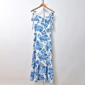 

Floral Print Sleeveless Midi Dress Women 2020 New Summer Sling Lace-up Lady Elegant Pleated Sundress Holiday Ruffles Long Dresse