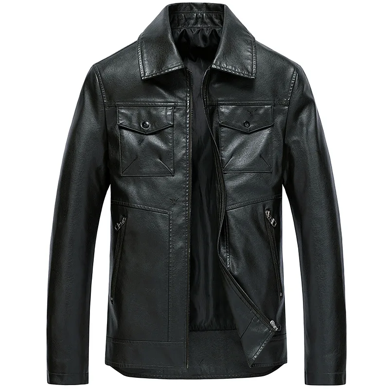 

AliExpress Spring And Autumn Thin Men Fold-down Collar Black And White with Pattern PU Leather Coat Large Size Casual Locomotive