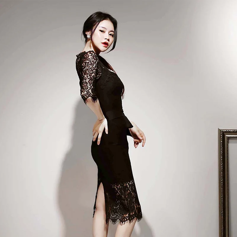 Autumn Hollow Out Lace Patchwork Black Sexy Vestidos Women's Bodycon Knee-Length Sheath Bowknot Party Dress