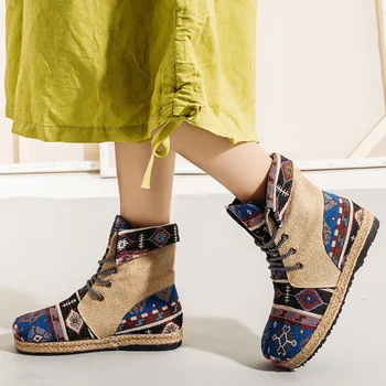 

Hemp Boots For Ankle Girls Spring/Autumn Patchwork Beautiful Women Boots Embroider Lace Up Botines Mujer 2019