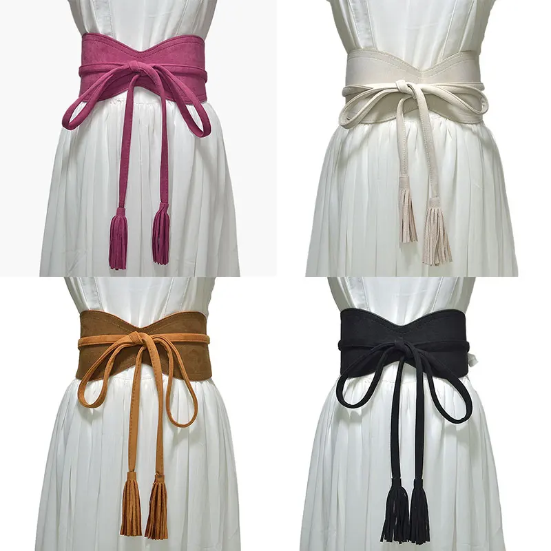 

Female Long Tassel Waistband DIY Knotted Belt Wide Solid Color Corset Self Tie Female Faux Leather Cummerbunds Fashion Belt