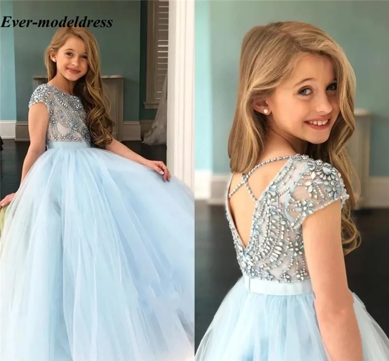 

Sparkly Sky Blue Ball Gown Girls Pageant Dresses Beaded Rhinestones Scoop Cap Sleeves Flower Girls Dresses Vestido De Festa