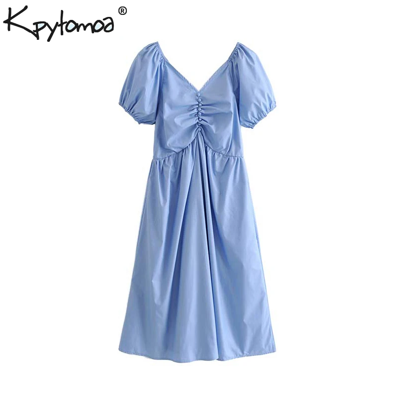 

Vintage Stylish Buttons Pleated Midi Dress Women 2019 Fashion V Neck Short Sleeve Back Zipper Ladies Dresses Vestidos Mujer