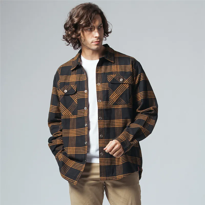 Yellow Plaid Осень зима мужская фланелевая клетчатая рубашка с хлопковой подкладкой Теплые Рубашки мужские s спортивные рубашки куртка США Плюс Размер M-2XL - Цвет: Yellow Plaid