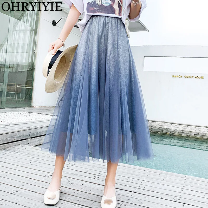 

OHRYIYIE New Gradient Color Blue Tulle Skirt Womens Spring Summer Korean Fashion Green High Waist Midi Long A-line Skirt Female