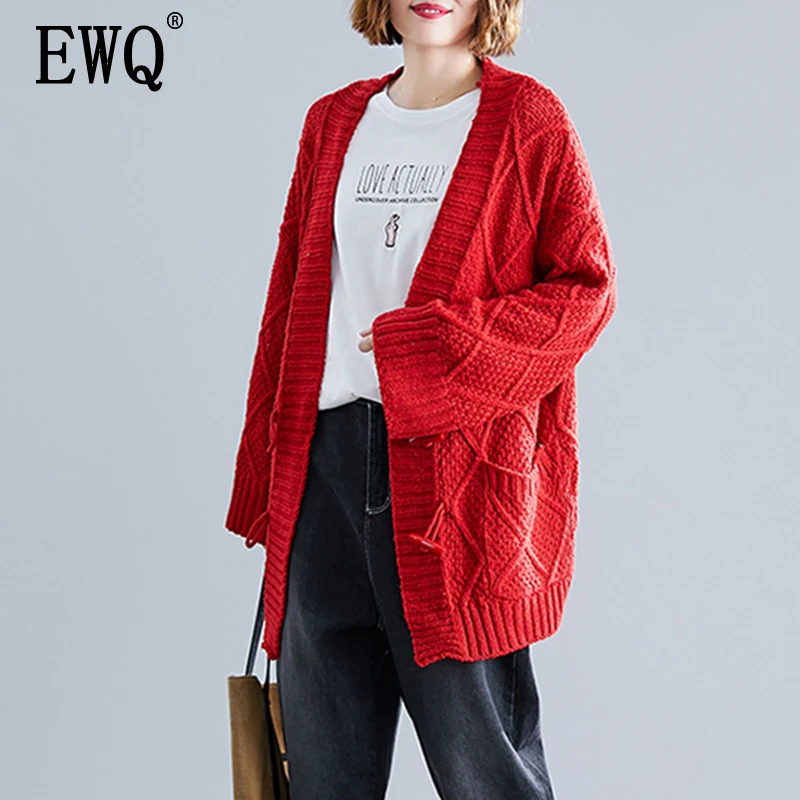 

[EWQ] 2020 New Autumn Winter High Quality V-collar Long Sleeve Single Breasted Vintage Large Size Sweater Women AH54403