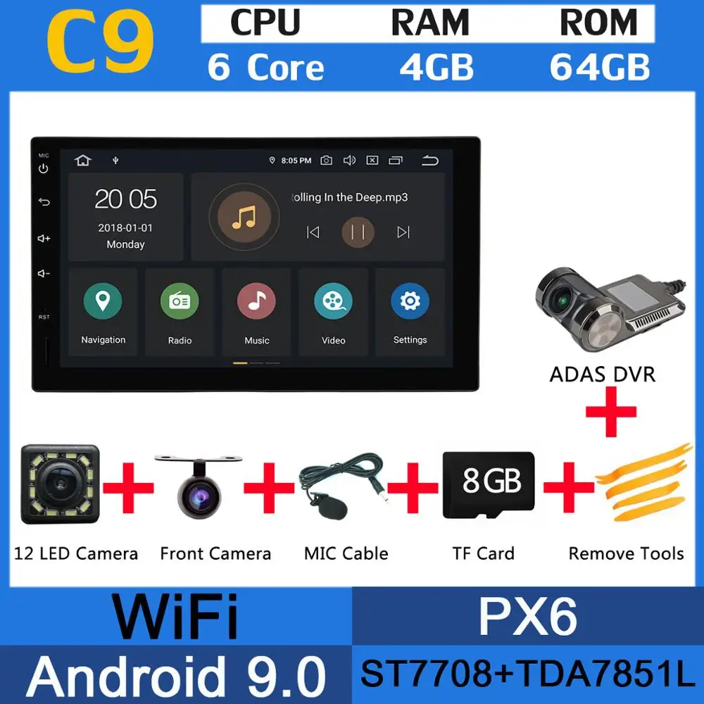 " 2din 2 din PX6 4G+ 64G Android 9,0 Универсальный Multimidia двойной Din автомобильный dvd радио плеер gps головное устройство Авторадио DSP CarPlay - Цвет: PX6 ADAS