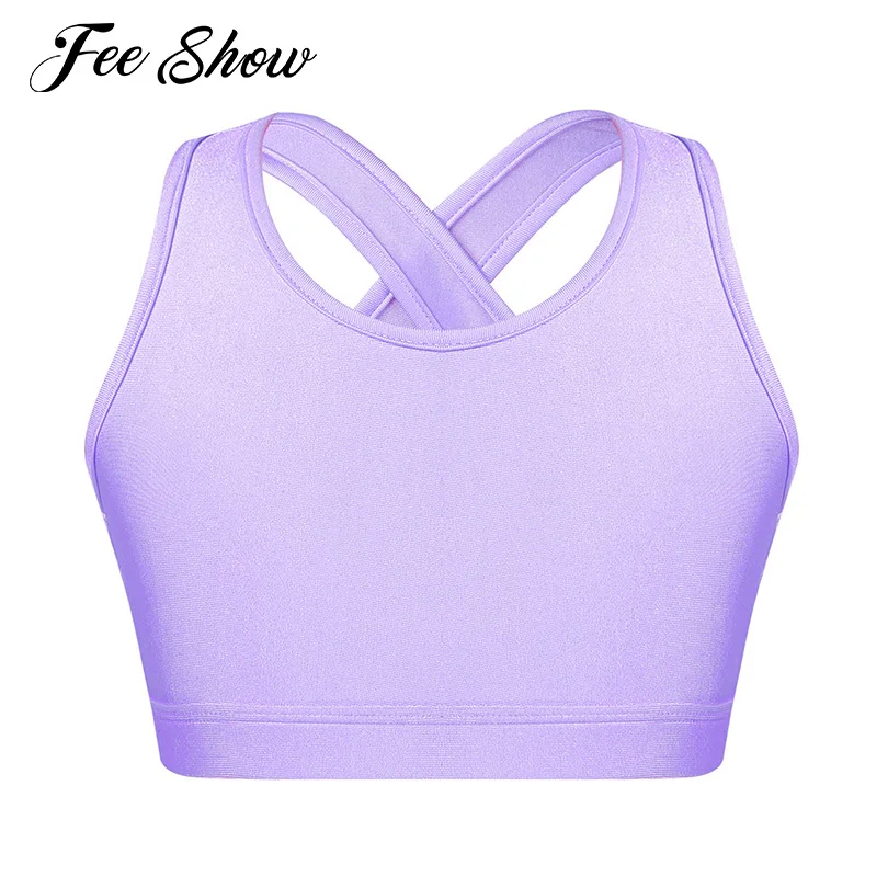 

Kids Girls Dance Top Sport Cropped Top Vests Shoulder Straps Sleeveless Keyhole Back Shockproof Running Gym Yoga Sports Bra Top