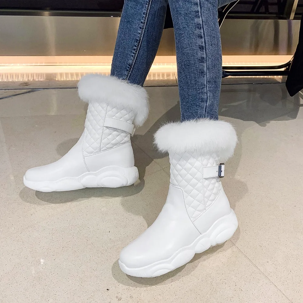 Sweet Ladies Quilted Mid-calf Boots Warm Faux Fur Winter Snow Shoes for Women Female Thermal Sneakers Boots Larger Size 46
