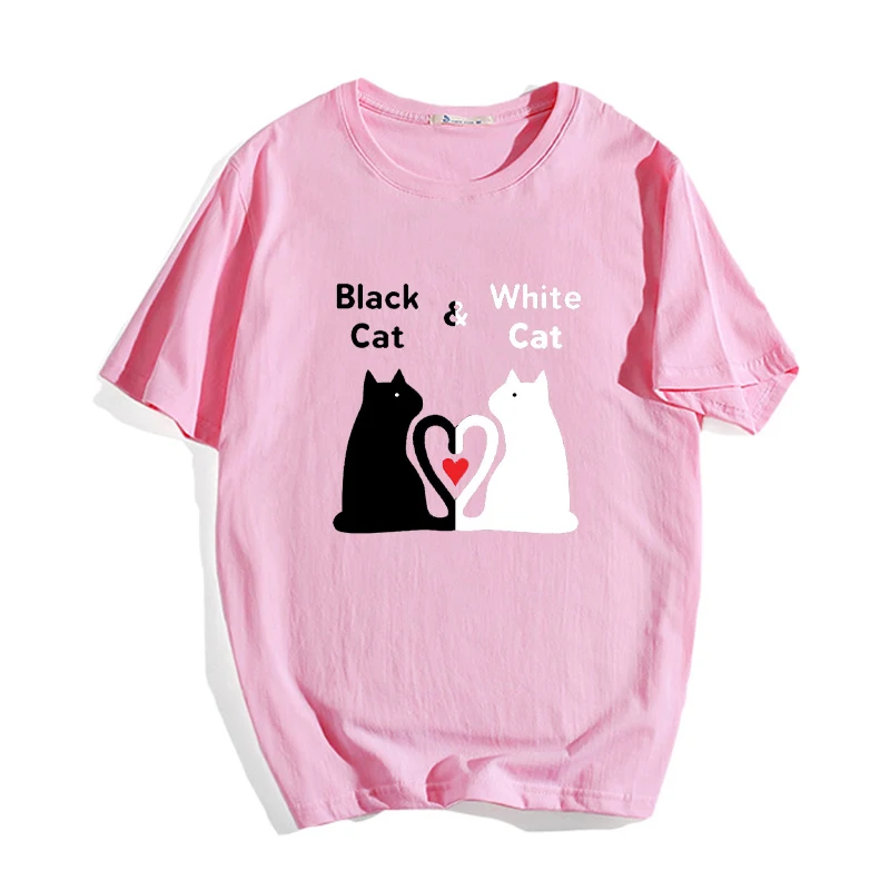 

Black Cat & White Cat T-Shirt Prints Tops 90s Harajuku Lover Tshirts Female Ullzang Cute Tees Casual Summer Simple Women Clothes