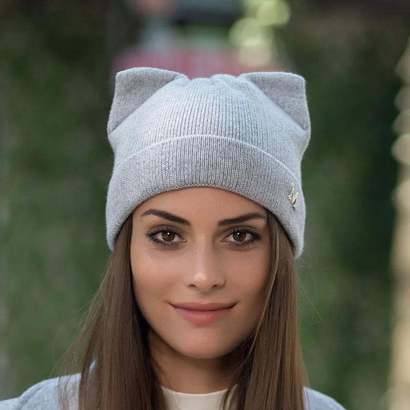 New Winter Hat for Women Lovely Cat Ears Wool Beanies Skullies Solid