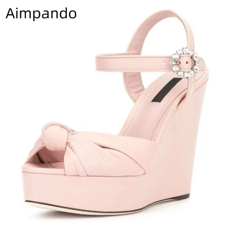 

High Wedges Platform Sandals Bowknot Summer Shoes Woman Sexy Peep Toe Crystal Buckle Chunky Platform Party Shoes Sandalias