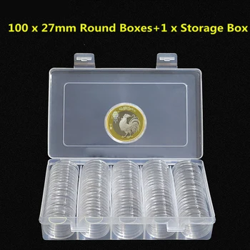

New 100* 27mm Round Cases Coin Storage Capsules Holder Box Container Plastic Top