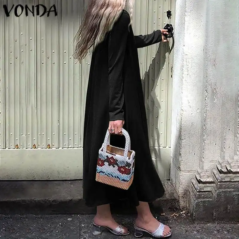 VONDA, модные вечерние платья с длинным рукавом для беременных,, Женские однотонные длинные платья макси, Осенние богемные платья для беременных