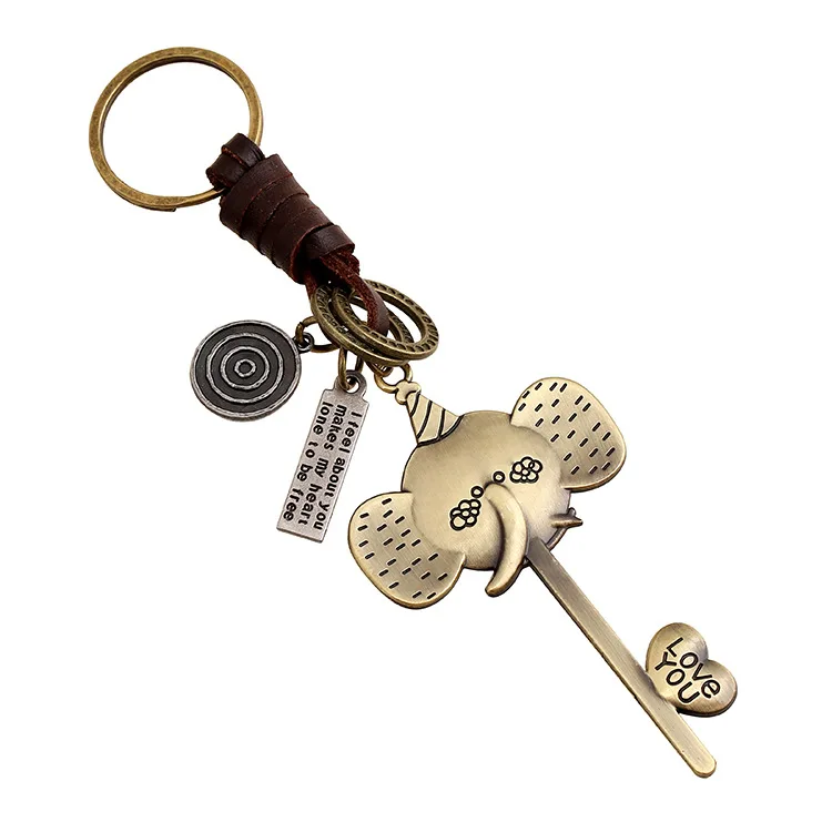 

Europe And America Retro Accessories Alloy Long Nose Elephant Leather Keychain Braided Leather Key Backpack Pendant