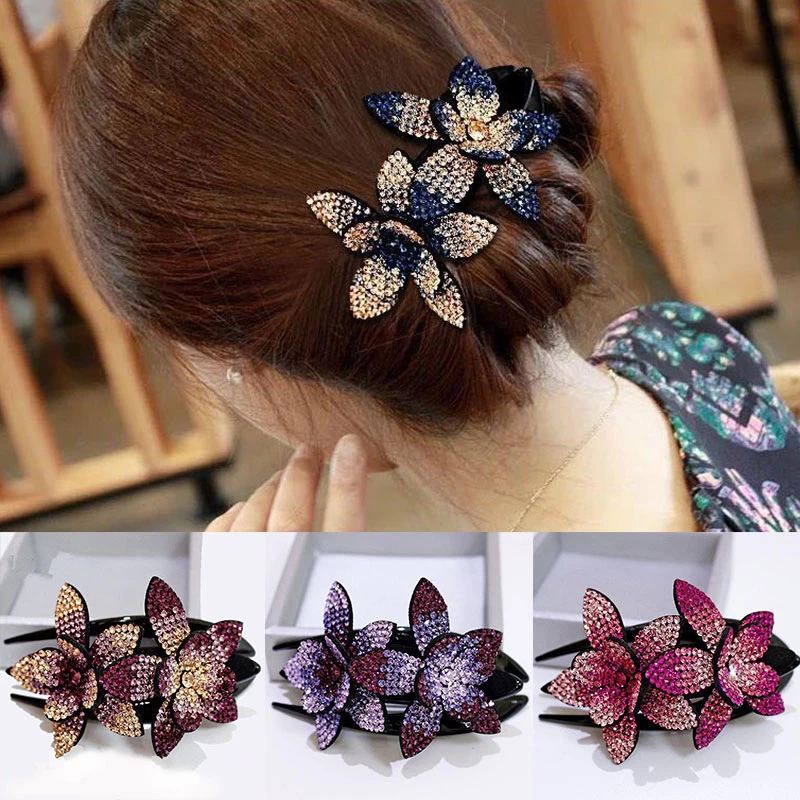 Rhinestone Double Flower Hair Clip Hair Crystal Peals Hair Combs Female ...